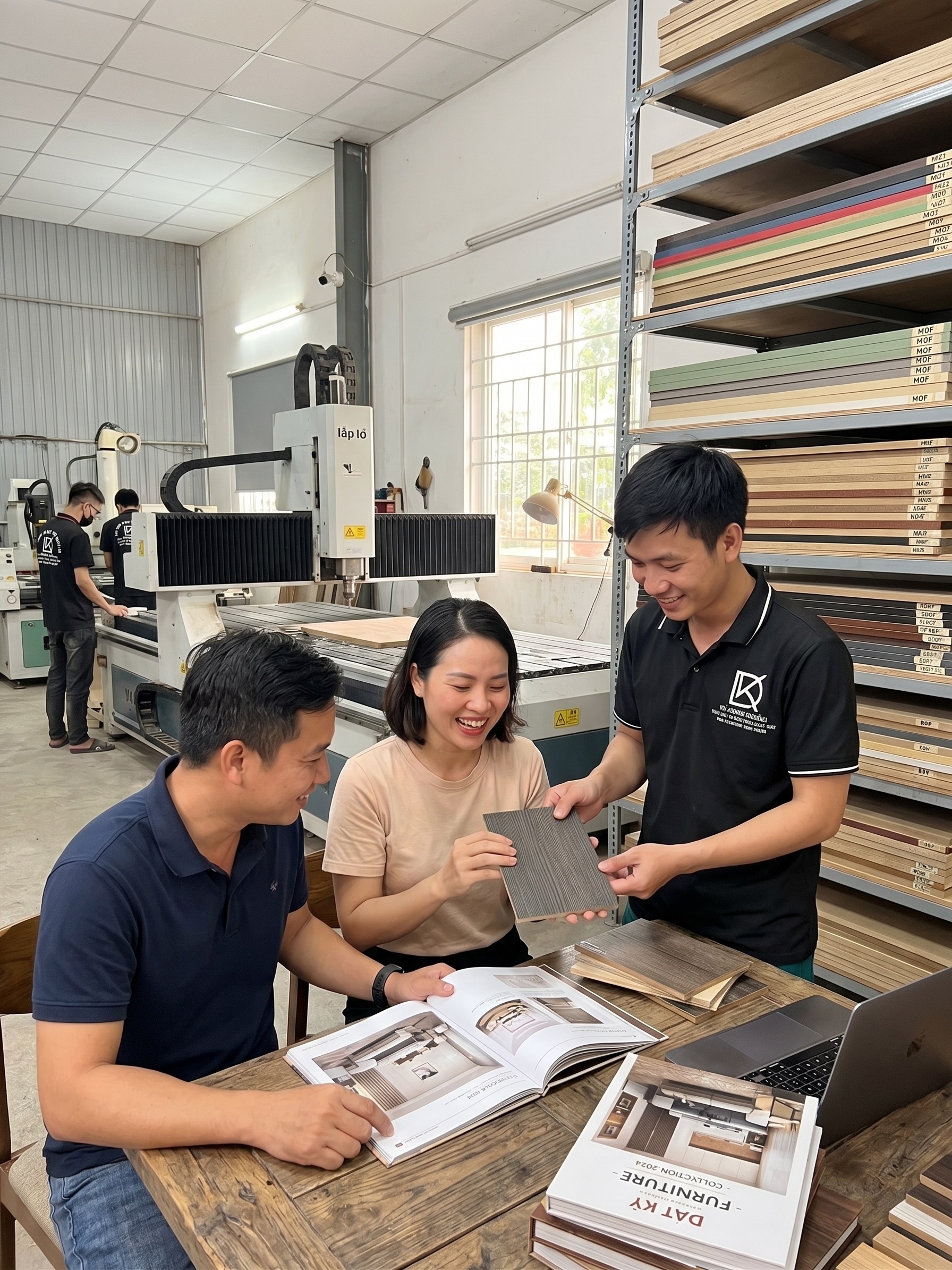Khách hàng tham quan và chọn vật liệu tại xưởng mộc thi công nội thất Đạt Kỳ.