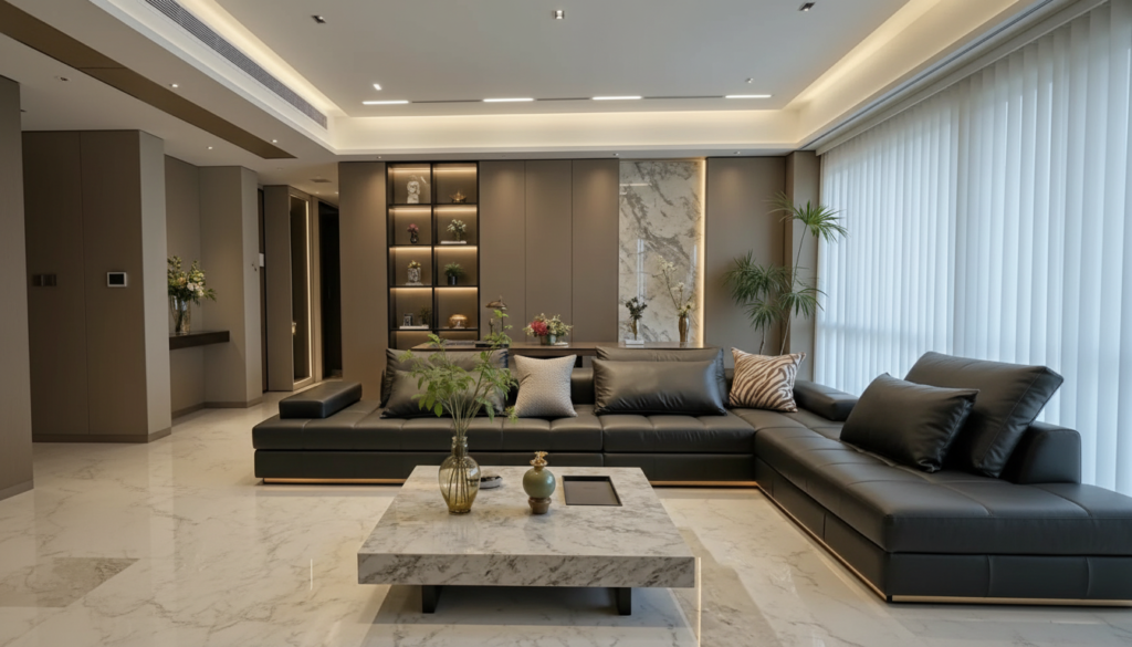 Mẫu thiết kế nội thất nhà phố 100m2 tối ưu không gian phòng khách với sofa chữ L