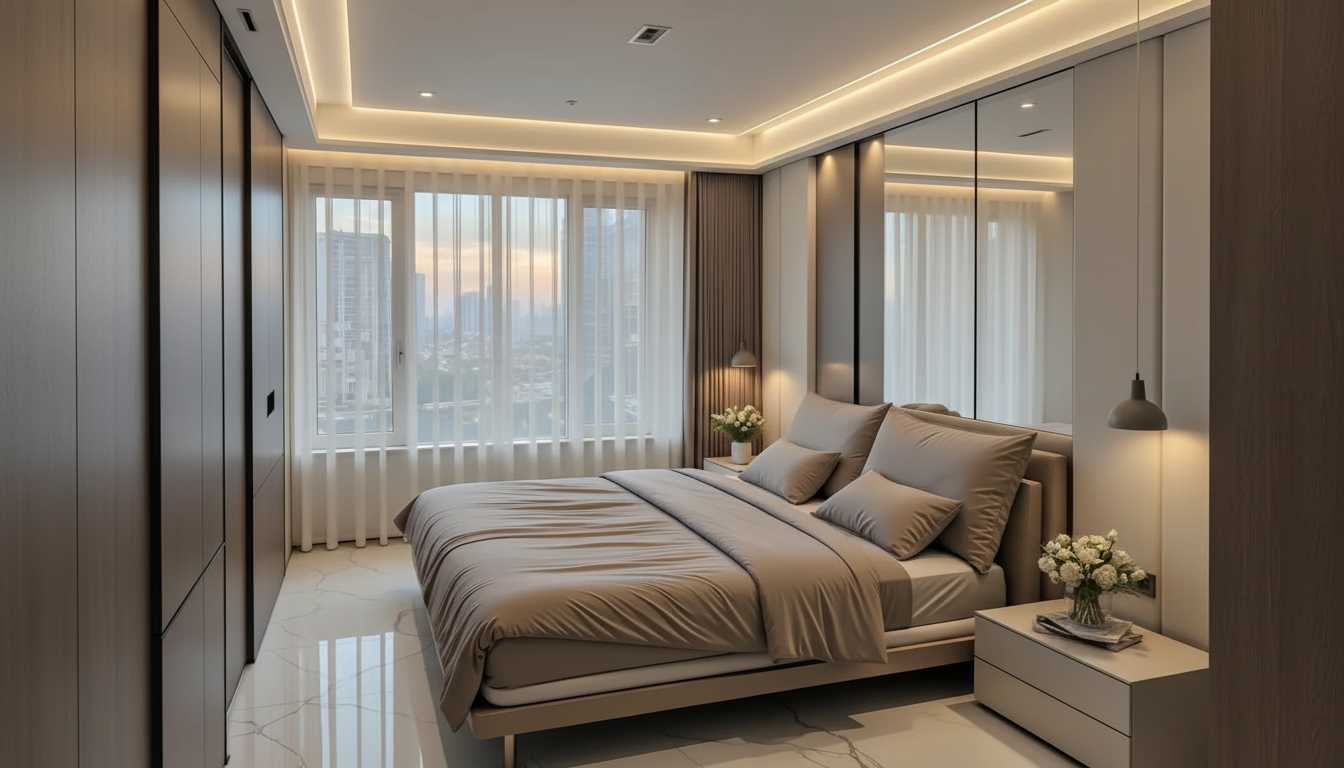 Giường ngủ cao cấp trong thiết kế thi công nội thất nhà phố hiện đại Đô Lương.