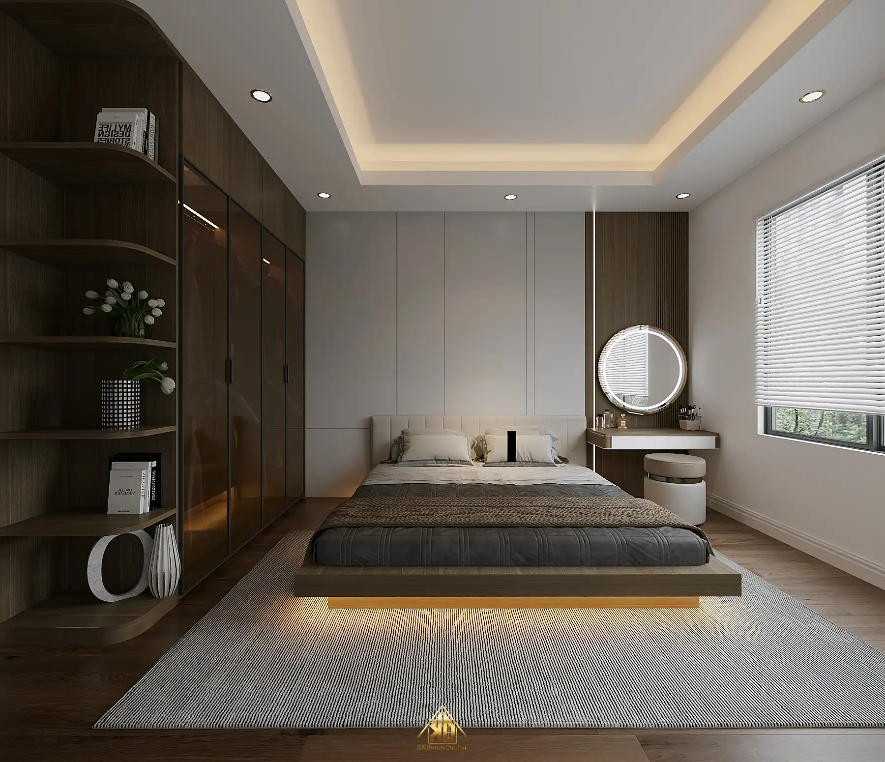 Phối màu điểm nhấn tông ấm (cam đất) kết hợp xám trung tính, cân bằng phong thủy cho gia chủ mệnh Hỏa