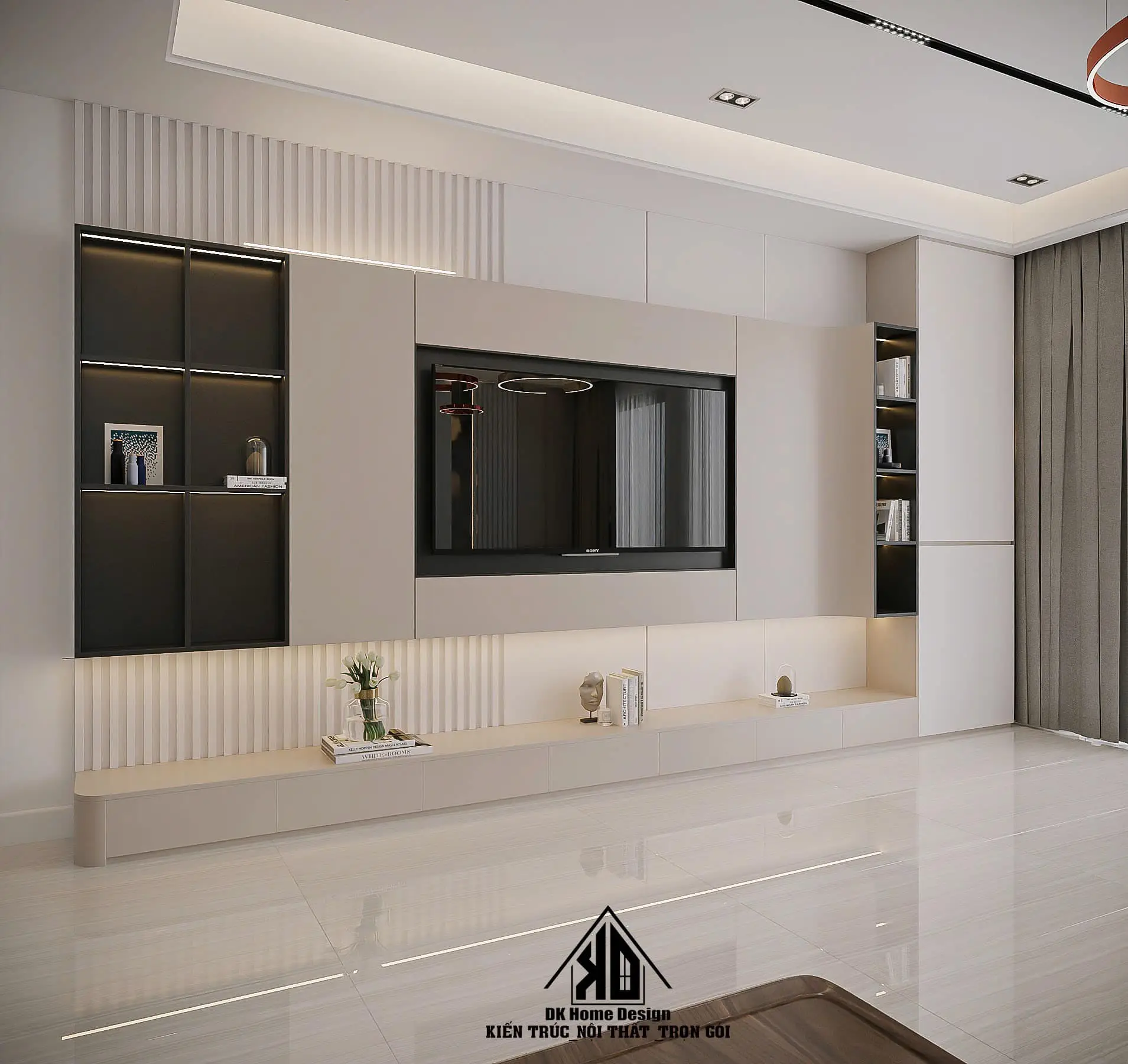 Tủ kệ tivi gỗ công nghiệp thiết kế liền khối treo tường tinh tế