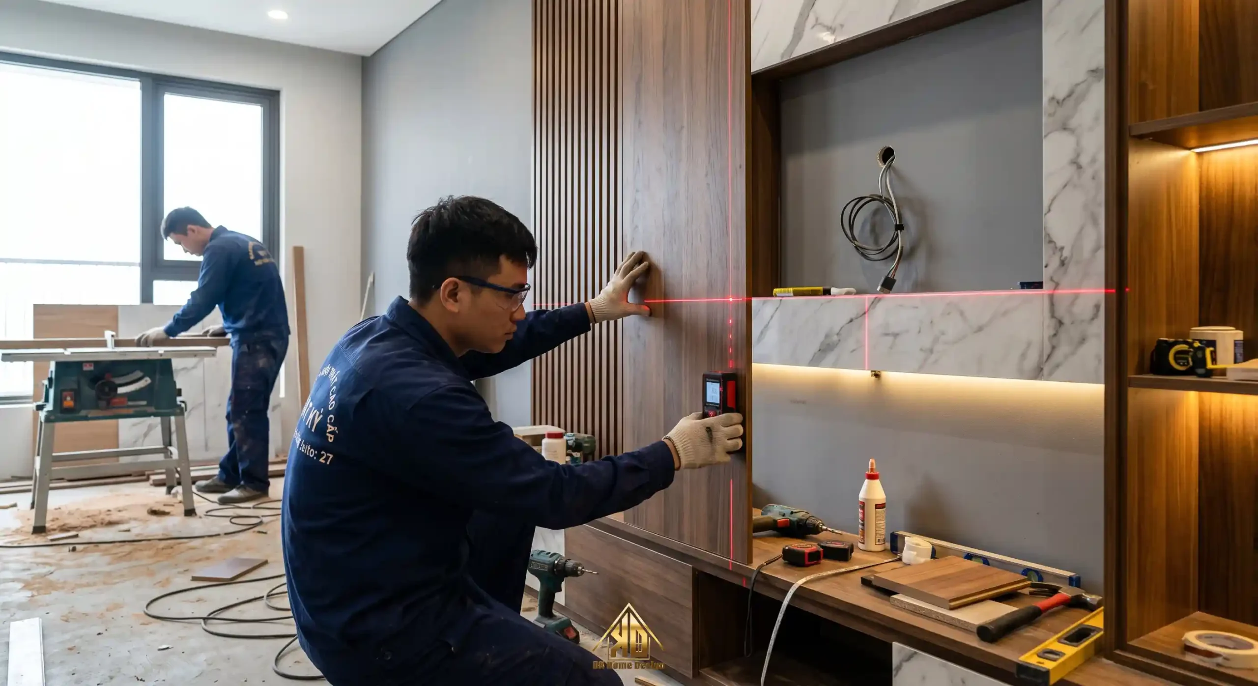 Kỹ thuật viên lắp ráp vách ốp phòng khách