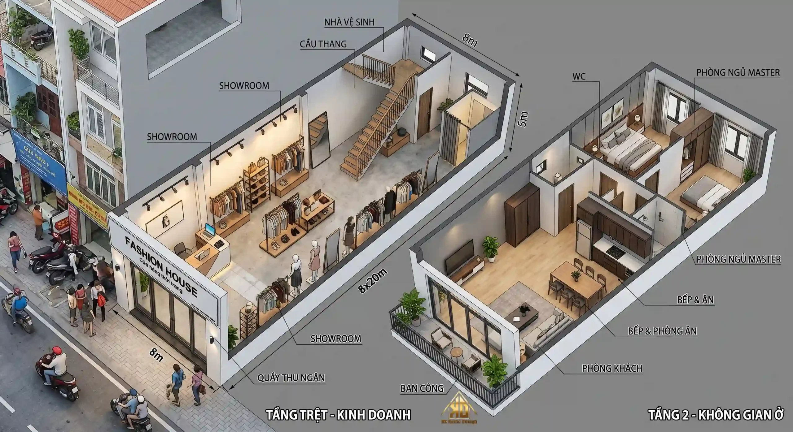 Mặt bằng nội thất nhà phố kinh doanh 8x20m