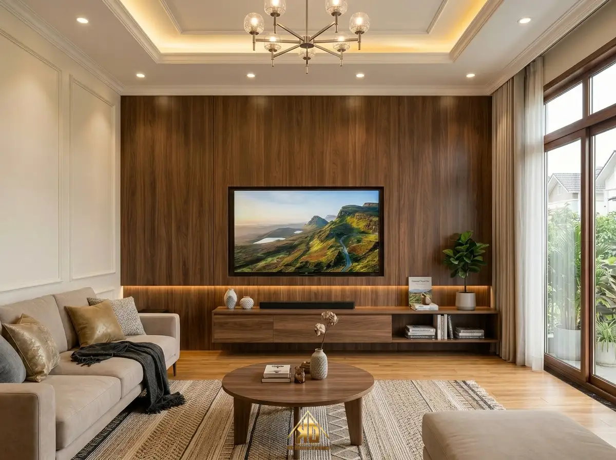 Ốp tường phòng khách MDF vân gỗ cao cấp