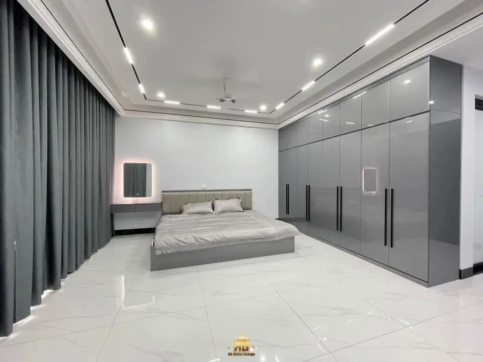 Thi công nội thất phòng ngủ master bằng gỗ Acrylic bóng gương