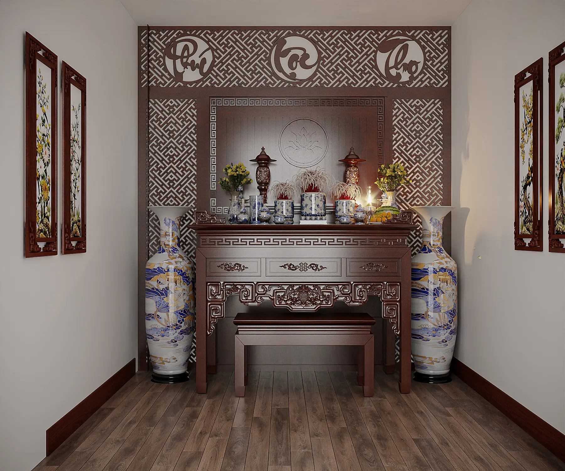 Thiết kế phòng thờ nhà phố 3 tầng trang nghiêm