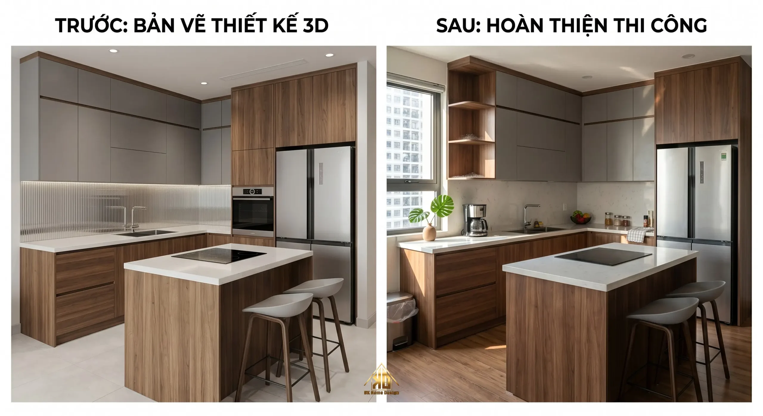 So sánh bản vẽ thiết kế 3D và hình ảnh thi công thực tế của Nội Thất Đạt Kỳ