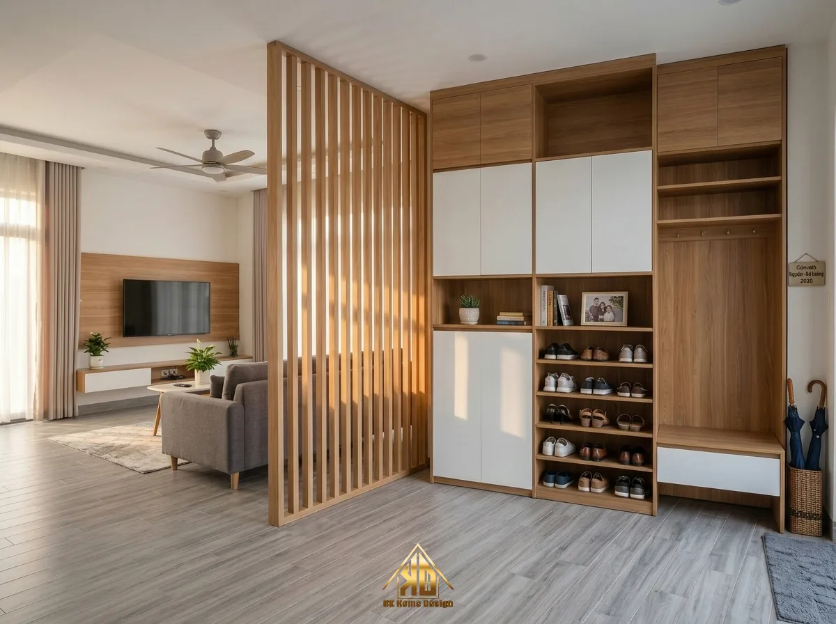 Thiết kế thi công tủ giày kết hợp vách ngăn phòng khách thông minh và tiện dụng