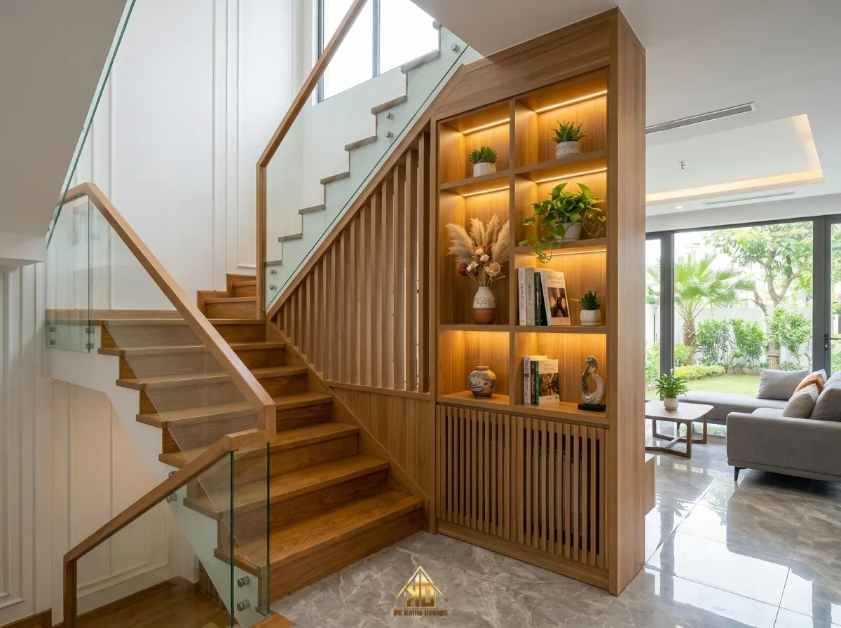 Vách ngăn kết hợp kệ trang trí khu vực cầu thang