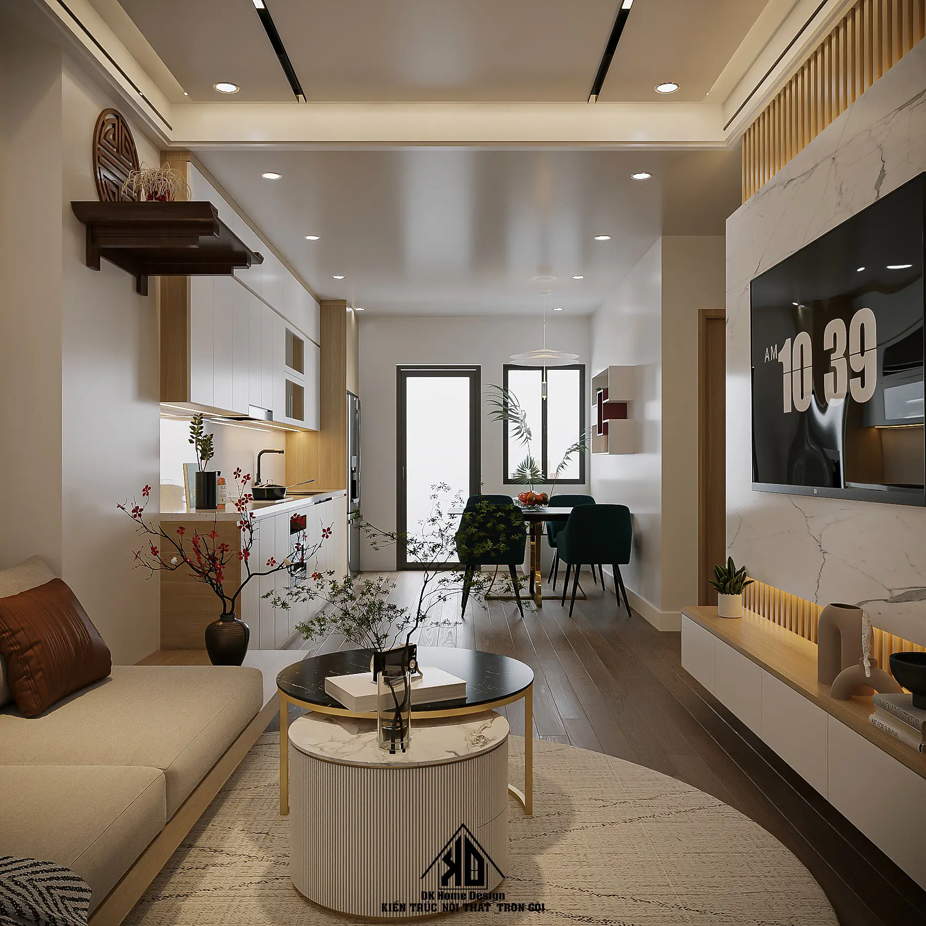 Vách ốp tường gỗ công nghiệp khổ lớn tạo điểm nhấn quyền lực cho phòng khách