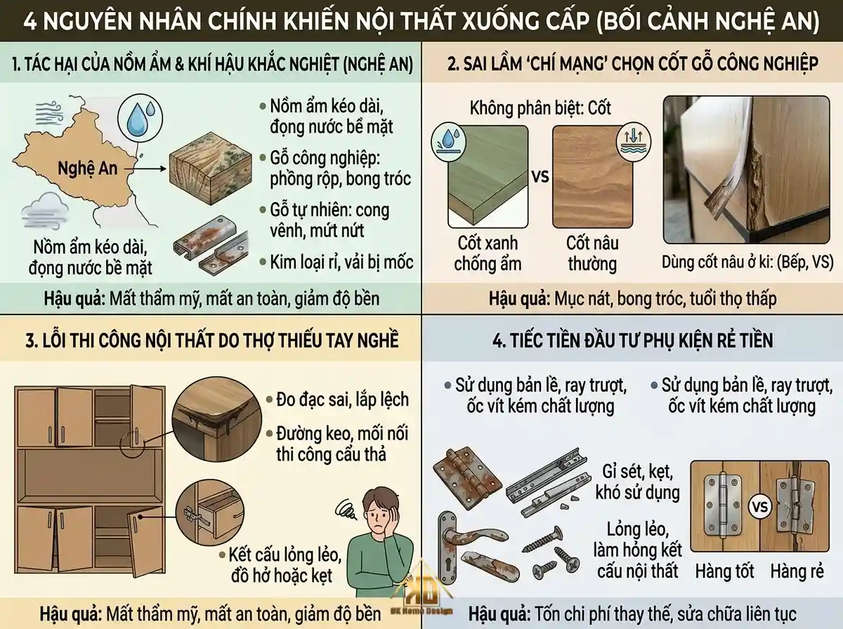 4 nguyên nhân nội thất xuống cấp thiết kế dạng Infographic