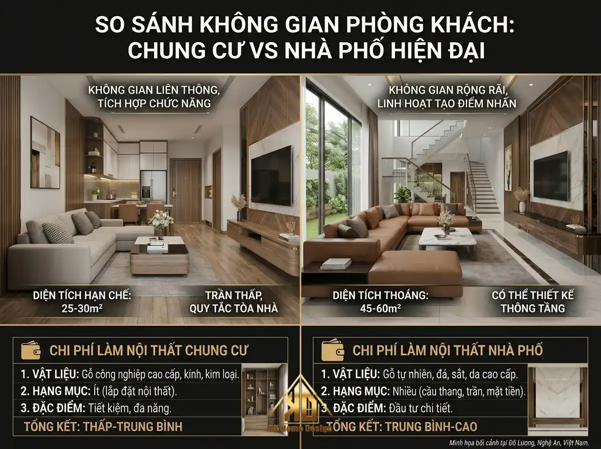 So sánh không gian và chi phí làm nội thất chung cư với nhà phố hiện đại