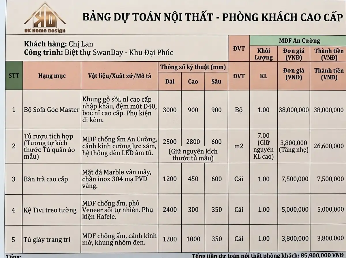 Chi phí làm nội thất phòng khách cao cấp tương xứng giá trị