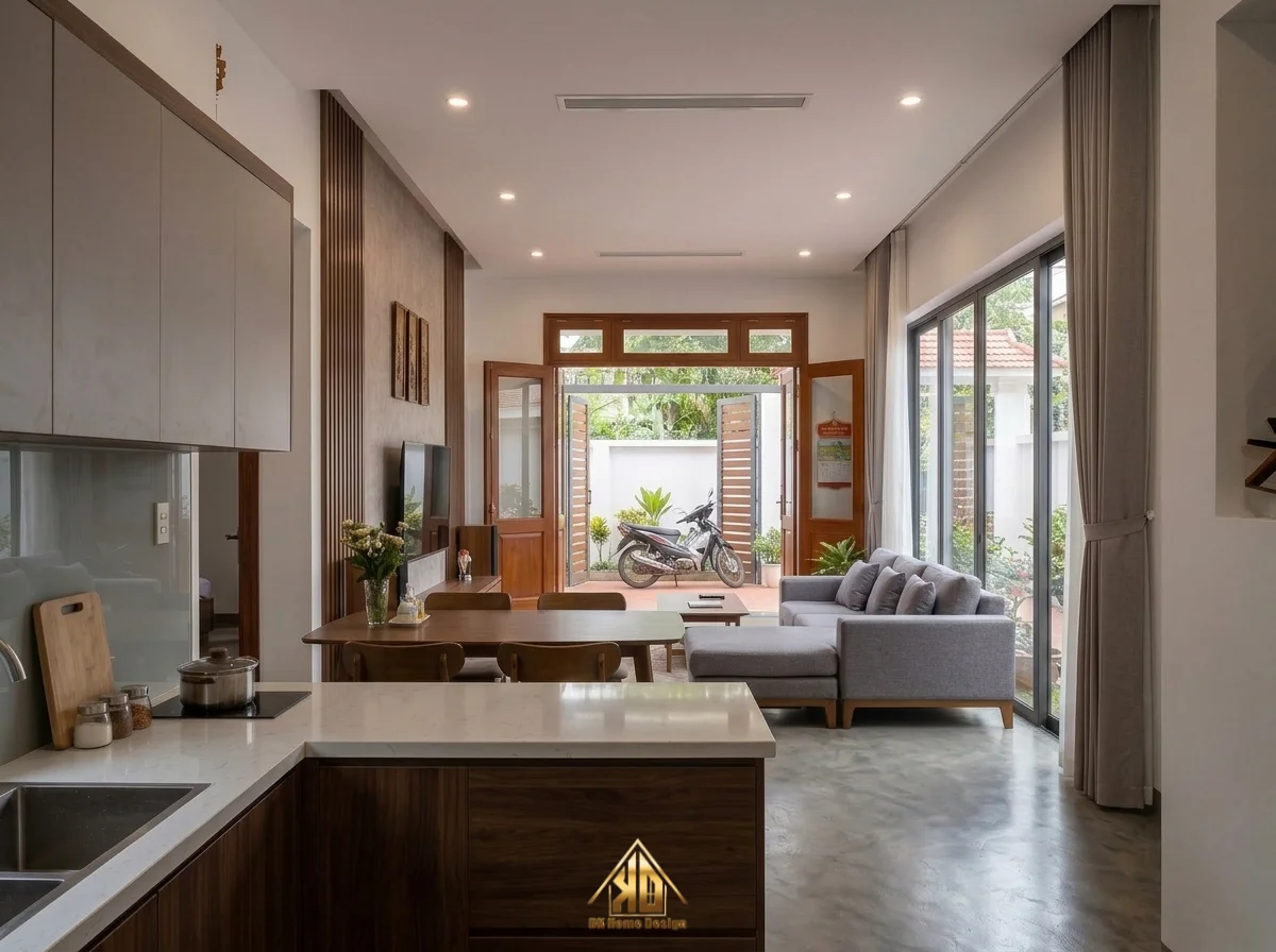 Góc nhìn liên thông từ bếp ra phòng khách sang trọng