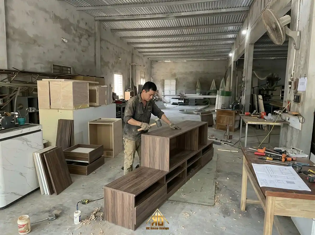 Lắp ráp module nội thất phòng khách tại xưởng