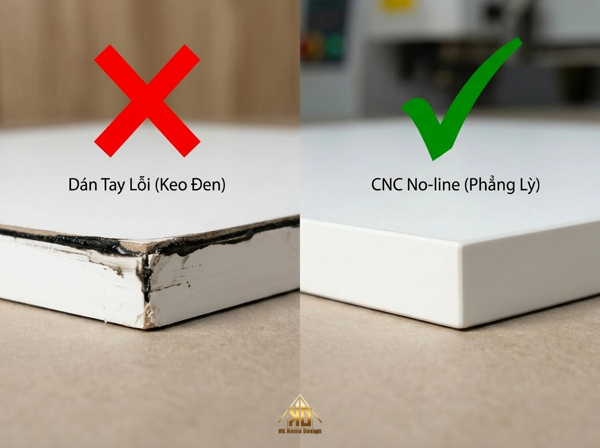 Lỗi thi công nội thất phòng khách dán cạnh kém chất lượng