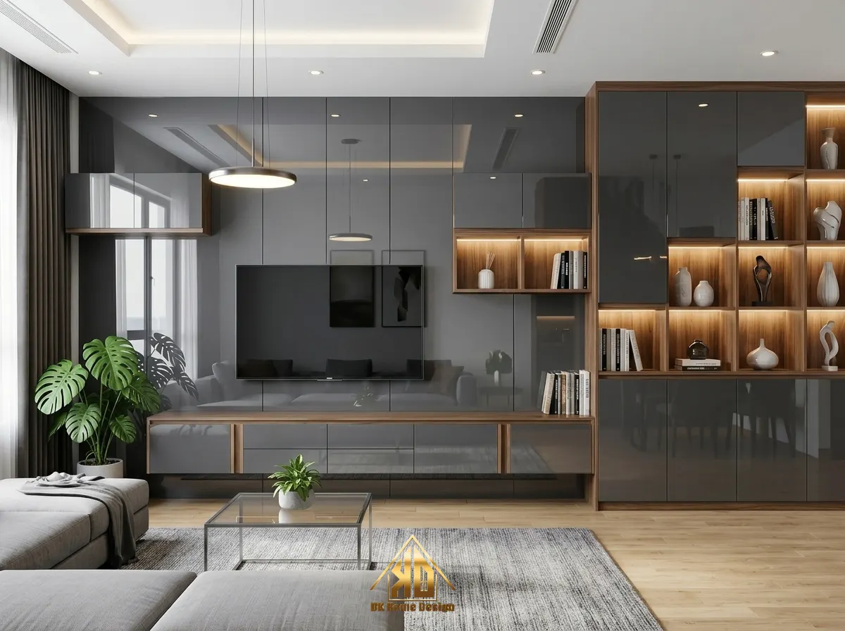 Mẫu vách tivi gỗ phòng khách sang trọng tại Đô Lương