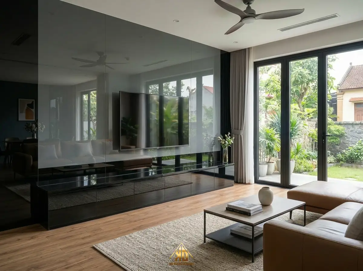 Nội thất nhà mái nhật hiện đại vách ốp Acrylic