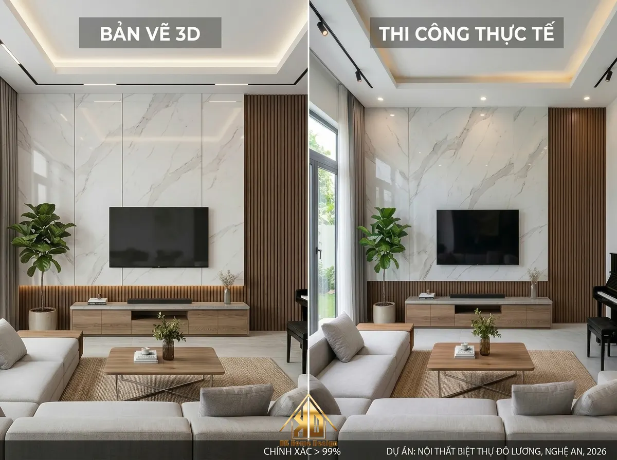 So sánh bản vẽ 3D và thi công thực tế phòng khách