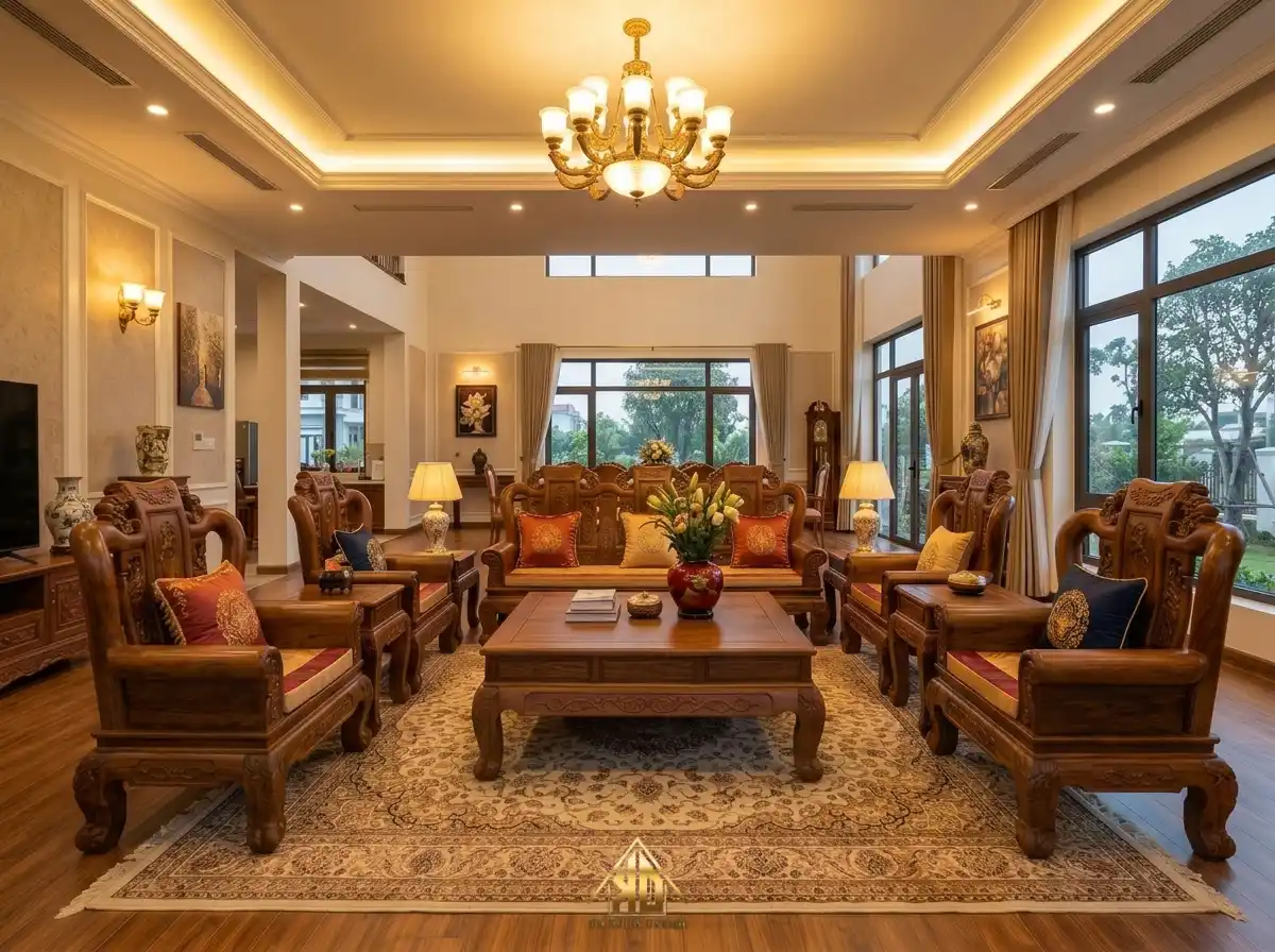 Bộ sofa gỗ tự nhiên nguyên khối phòng khách