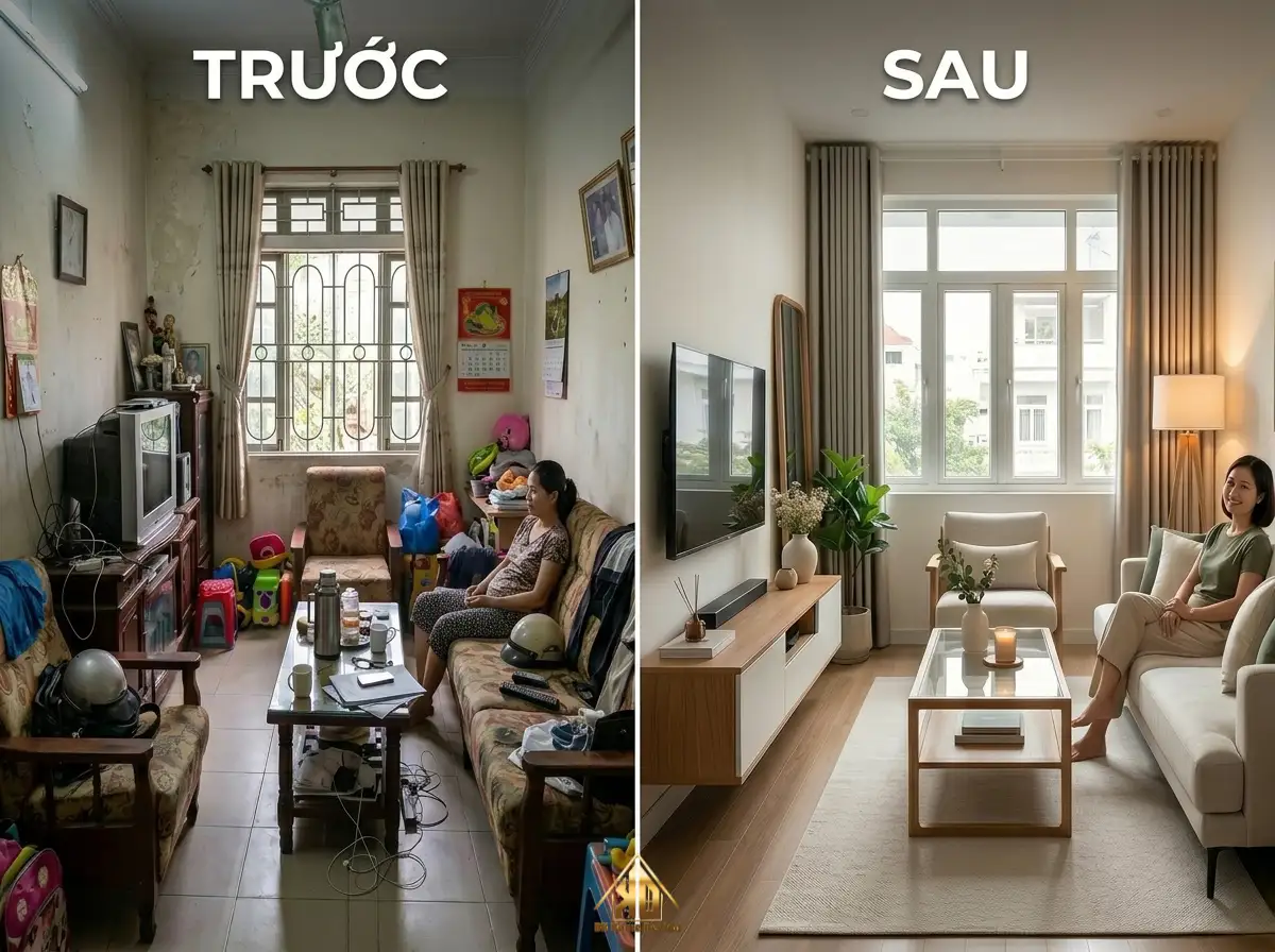 Hiện trạng phòng khách thi công lỗi tại Đô Lương