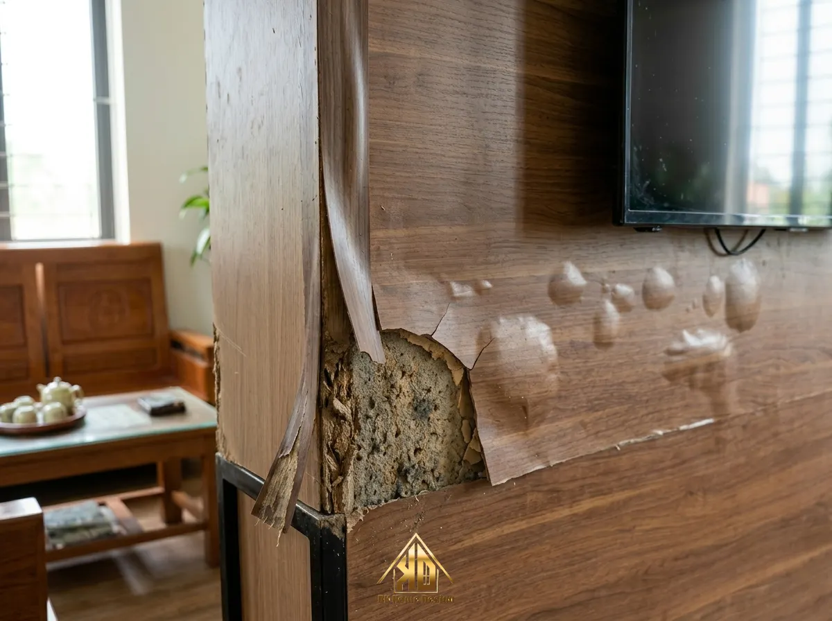 Vách ốp tivi gỗ công nghiệp bị phồng rộp bong tróc