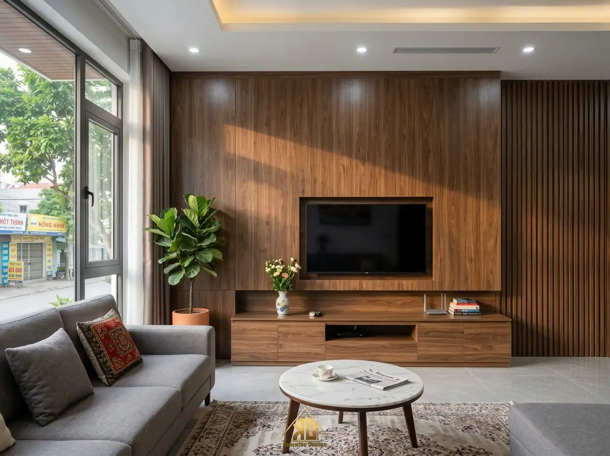 Vách tivi ốp gỗ MDF Melamine vân gỗ hiện đại
