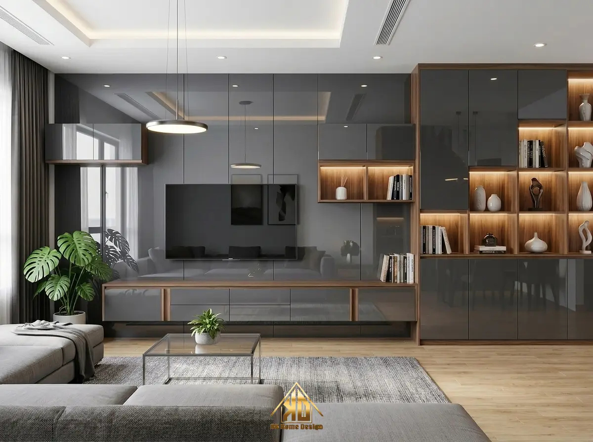 Vách tivi phòng khách phủ Acrylic bóng gương sang trọng tại Nghệ An