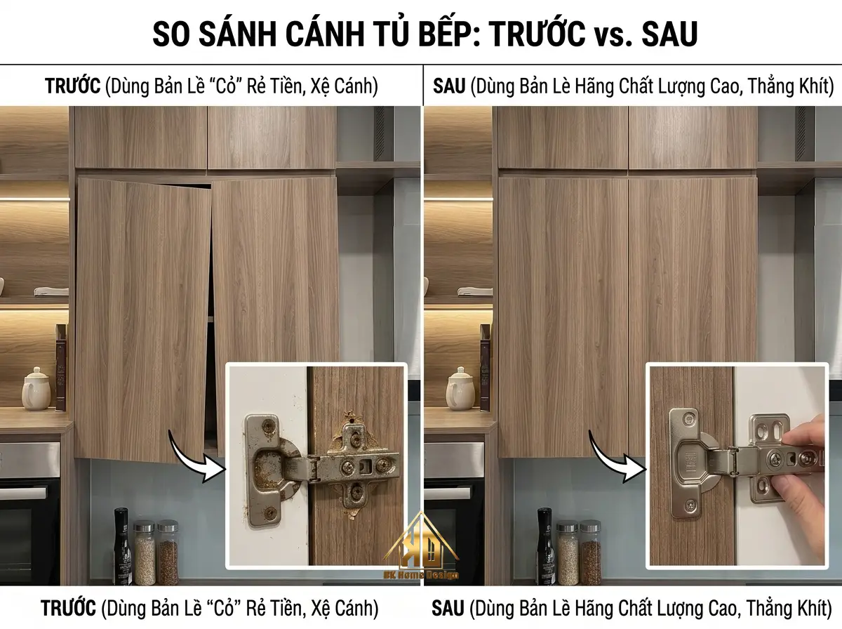 So sánh bản lề tủ bếp xệ cánh và bản lề chính hãng