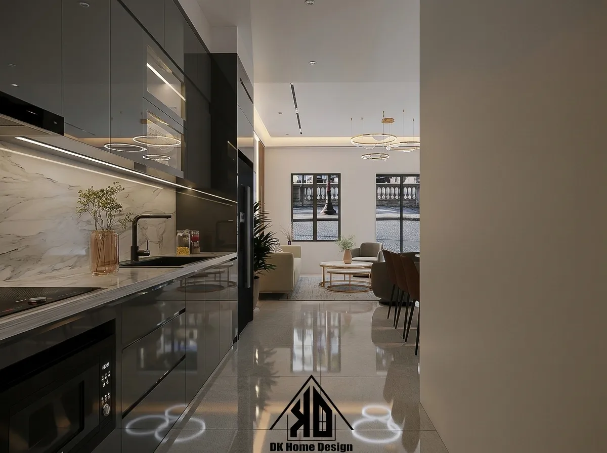 Bản vẽ 3D tủ bếp đồng bộ với không gian phòng khách mở