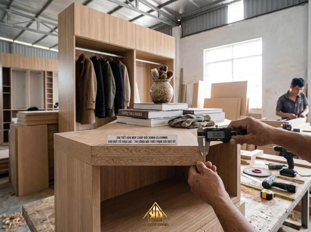 Chi tiết ván MDF chập đôi 36mm cho đợt tủ chịu lực