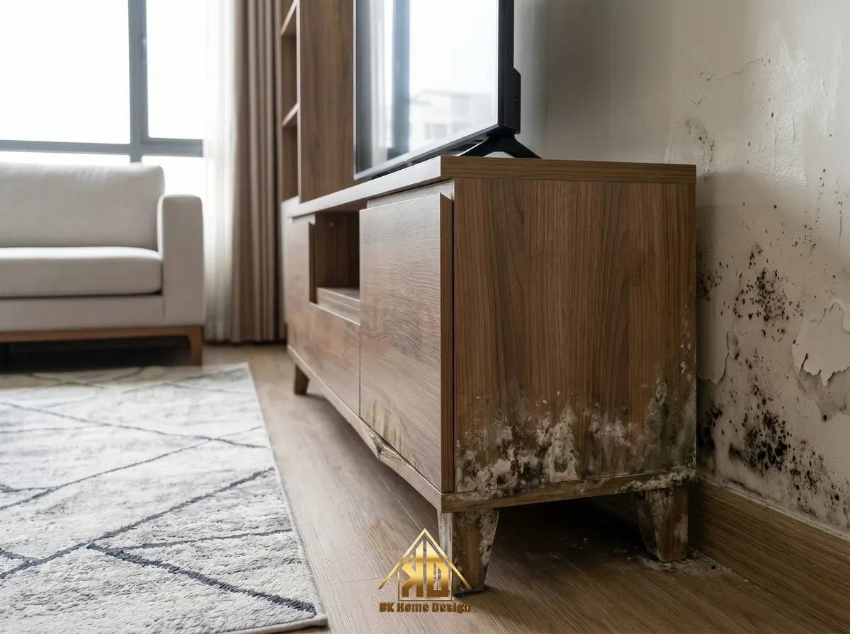 Dấu hiệu nhận biết gỗ MDF bị mốc bột trắng và phồng rộp