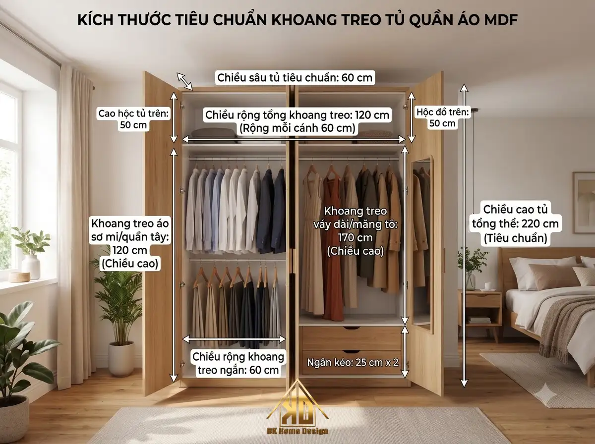 Kích thước tiêu chuẩn tủ quần áo MDF khoang treo