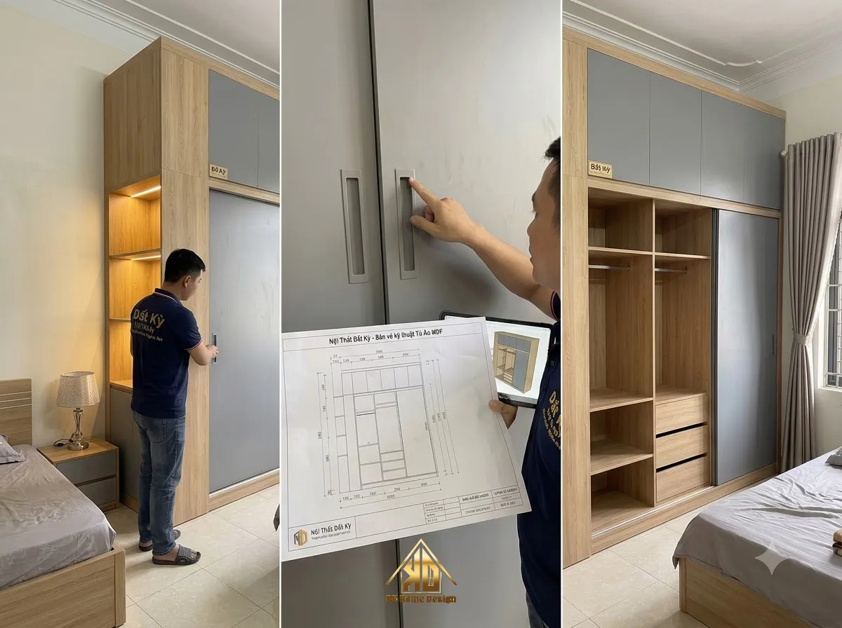 Nghiệm thu tủ áo MDF Đất Kỳ thi công thực tế sát bản vẽ