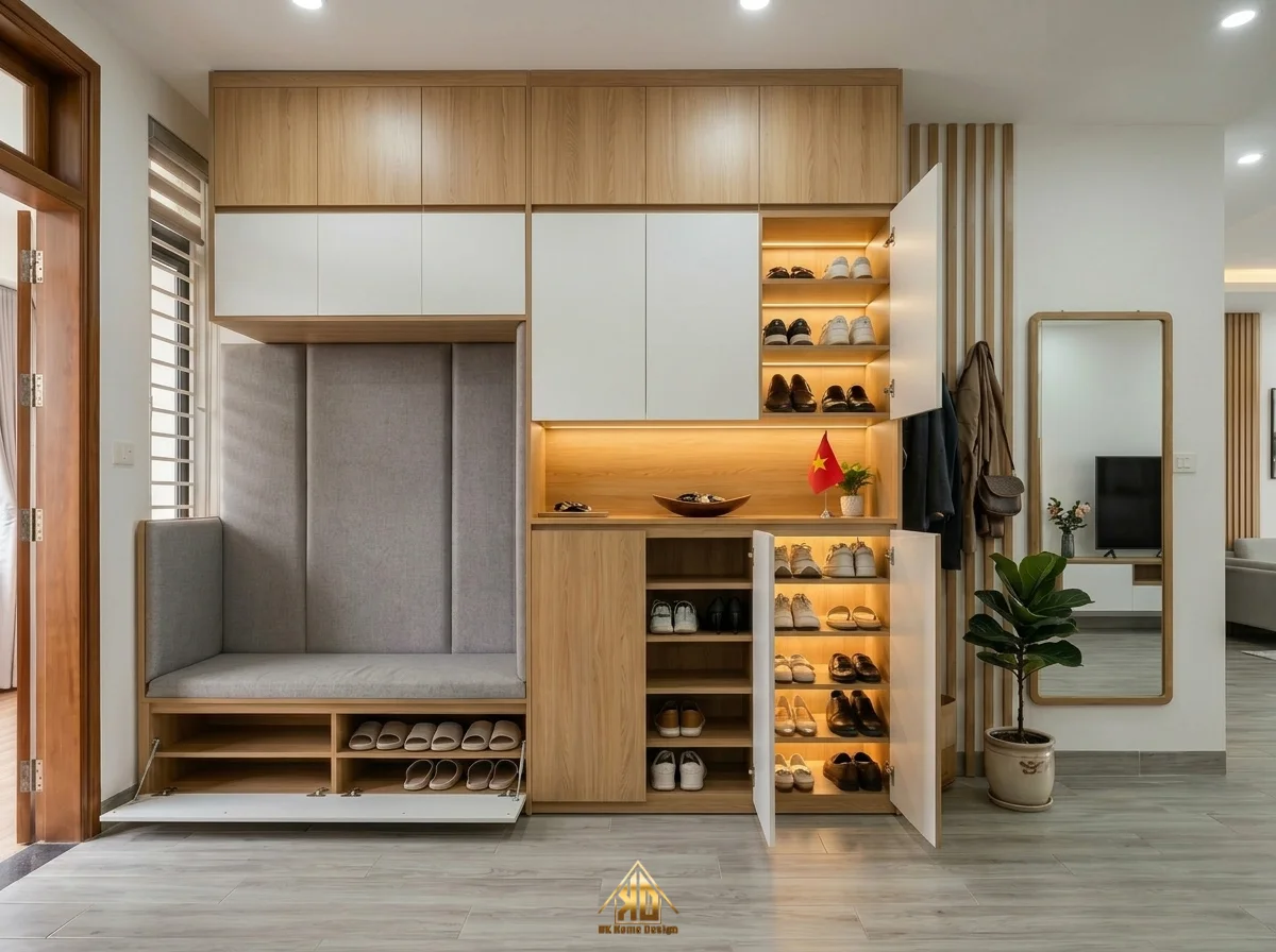 Hạng mục tủ giày và vách ngăn sảnh đón khách sang trọng, tiện nghi