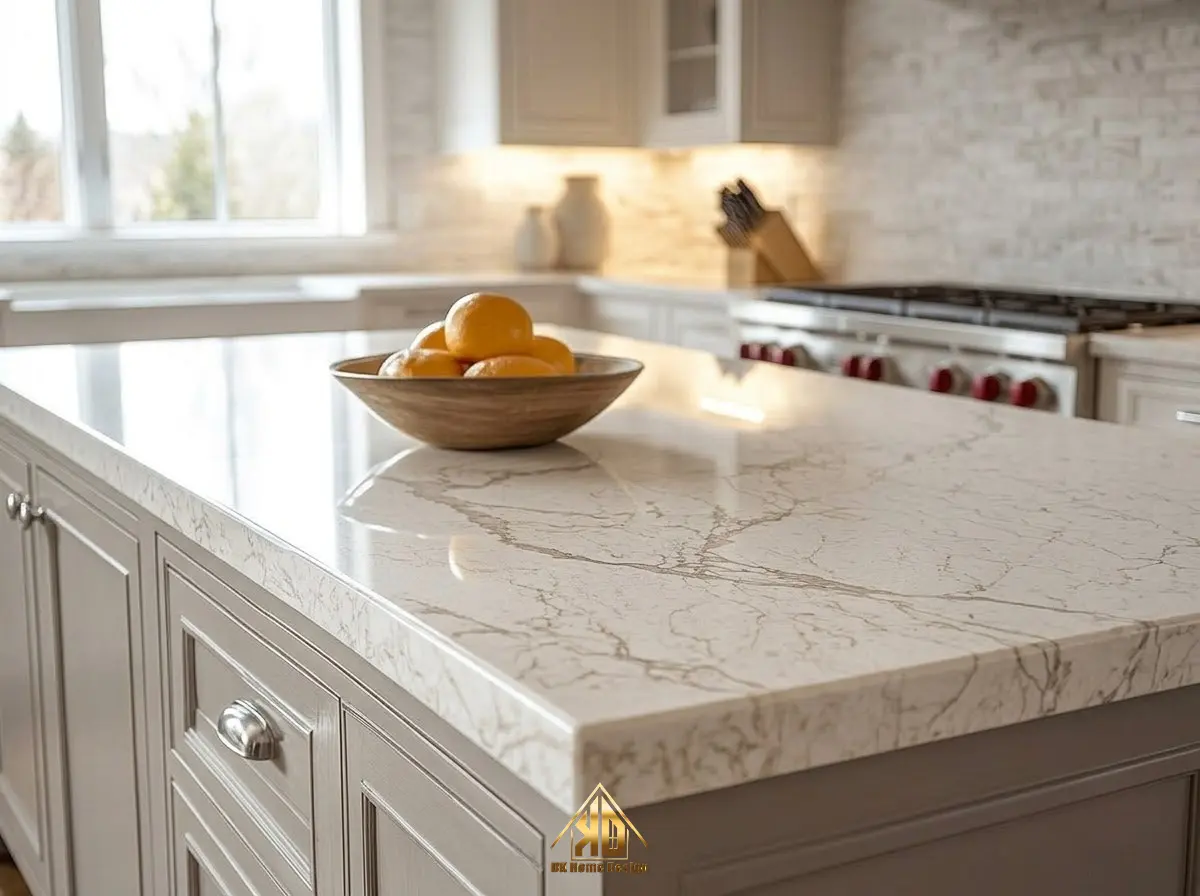 Mặt đá bếp Quartz nhân tạo vân mây cho phòng bếp thi công trọn gói