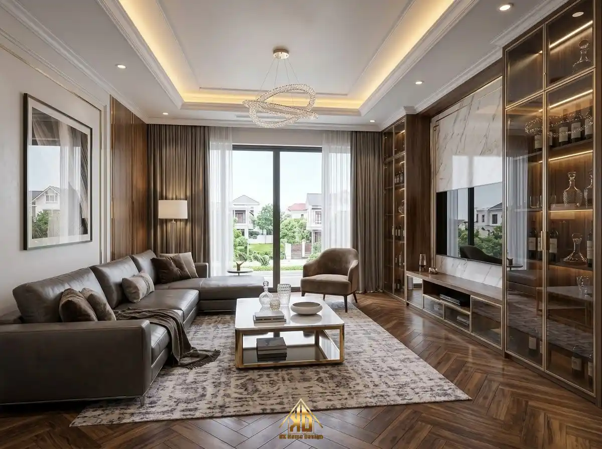 Nội thất phòng khách Modern Luxury nẹp nhôm mạ PVD và cánh kính cao cấp