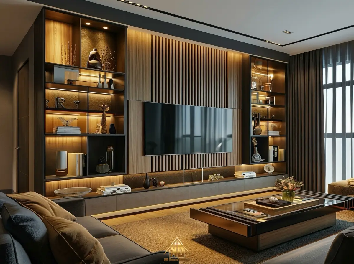 Khách hàng VIP kiểm tra thi công phòng khách gỗ công nghiệp