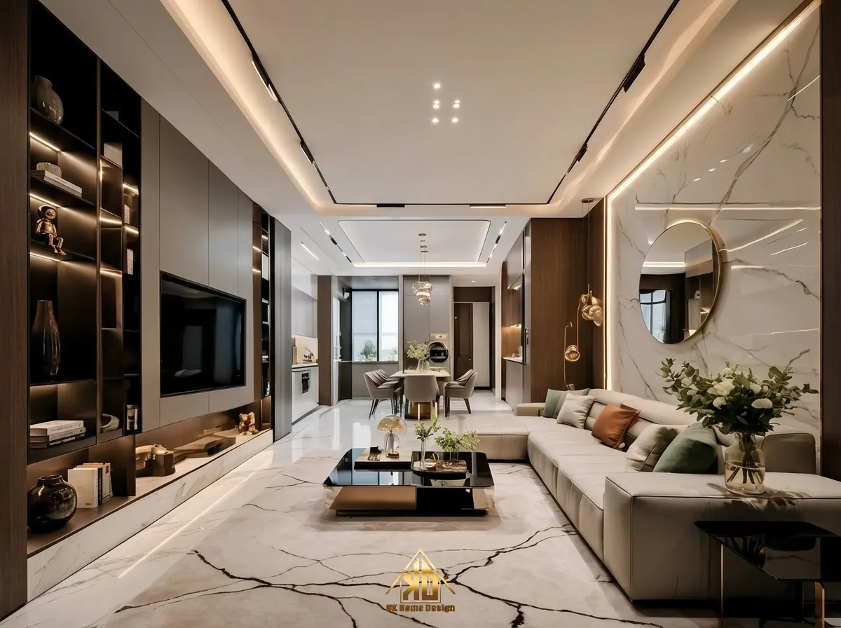 Thiết kế phòng khách liền bếp không gian mở hiện đại tiện nghi