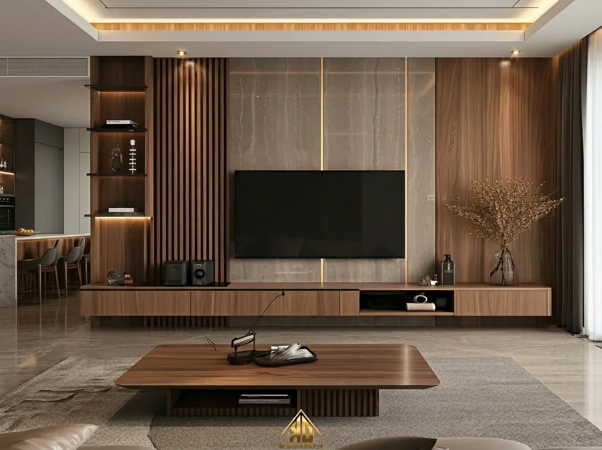 Vách ốp tường phòng khách nhà phố bằng gỗ MDF