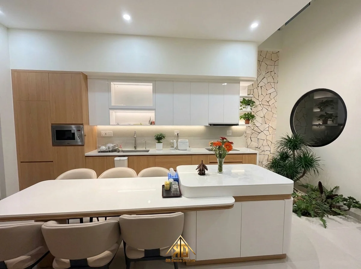 Đảo bếp kết hợp bàn ăn hiện đại gỗ công nghiệp