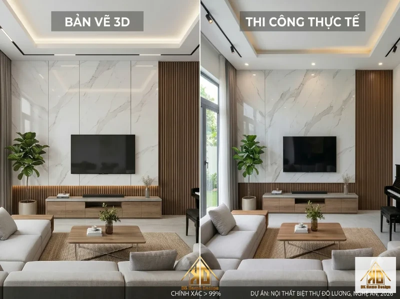 Bản vẽ 3D và công trình thực tế phòng khách biệt thự Đô Lương