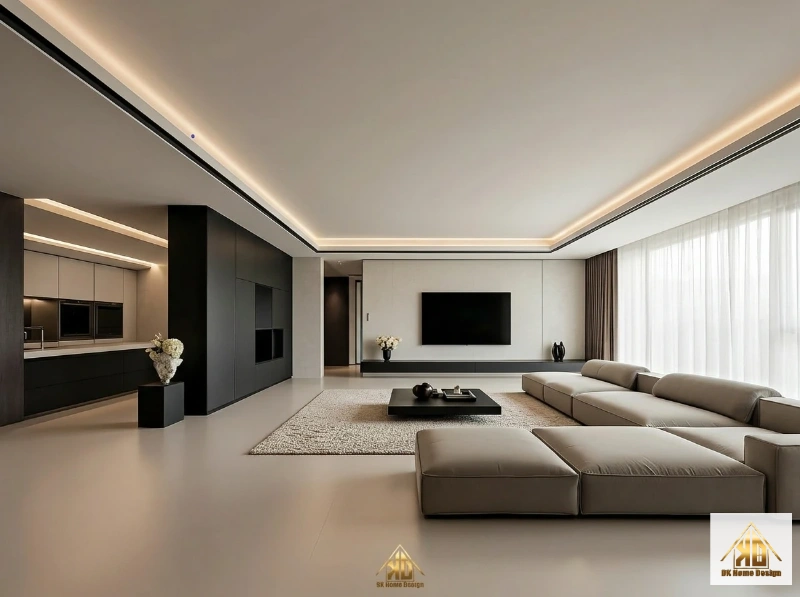 Phòng khách nhà phố tối giản cánh phẳng sáng thoáng